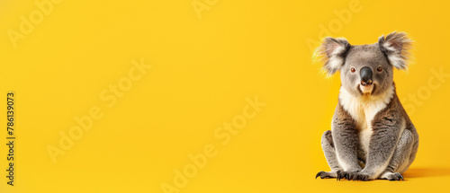 An alert sitting koala bear positioned perfectly against a yellow background, highlighting its textured fur and delightful demeanor