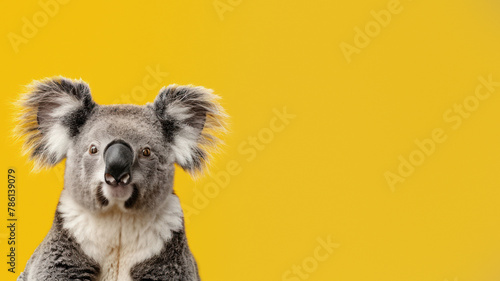 Close-up of a cute grey koala with fluffy ears and a curious gaze against a vivid yellow backdrop, capturing its lovable charm photo