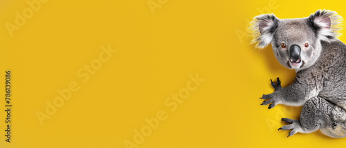 Dynamic image of a playful koala extending its paw as if reaching for something, set against a uniform yellow background for contrast