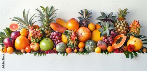 A cluster of exotic tropical fruits, each with its own unique shape and vibrant color, arranged in a tantalizing display against a background of pristine white.