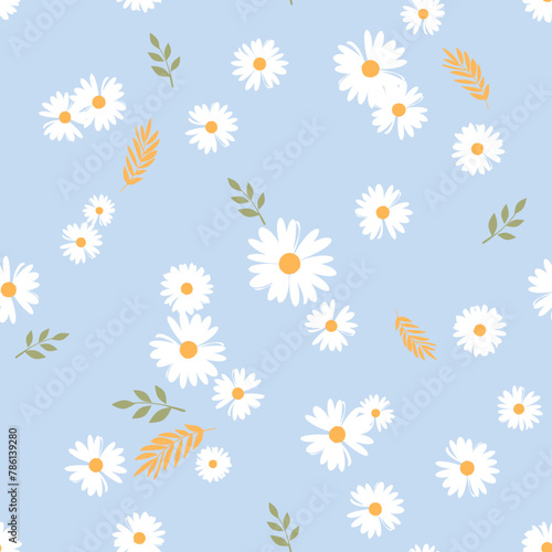 Seamless pattern with daisy chamomile flower, yellow and green branch on blue background vector. Cute floral print.