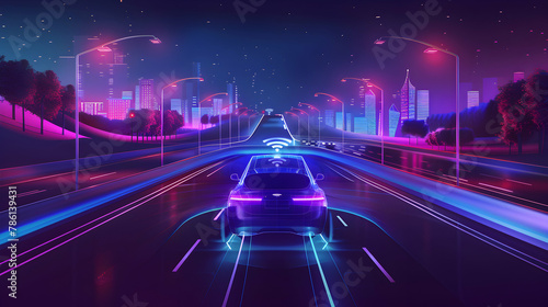 A car driving on a futuristic neon-lit city highway at night, with a sense of motion and technology.