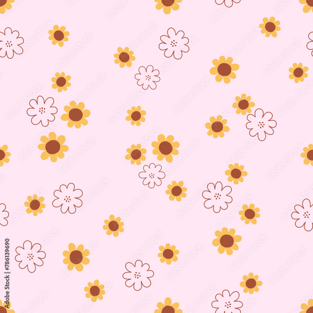 Seamless pattern with sunflower on pink background vector. Cute floral print.