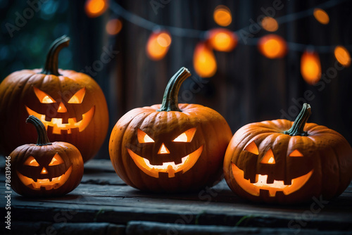 Wallpaper Mural Leuchtende Halloween-Kürbisse mit grinsenden Gesichtern auf rustikalem Holzbrettern Torontodigital.ca