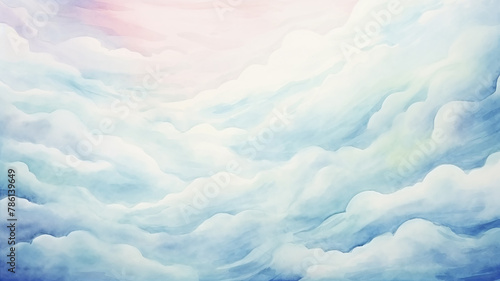 Abstract landscape in blue clouds, background postcard in watercolor style