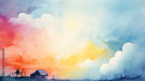Abstract landscape in multicolored clouds, watercolor background postcard