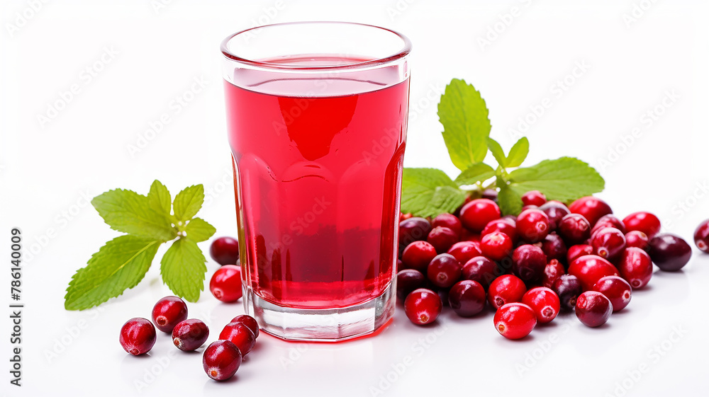 Lingonberry drink with red berries, a glass of cranberry juice on a white background Lingonberry drink with red berries, a glass of cranberry juice on a white background