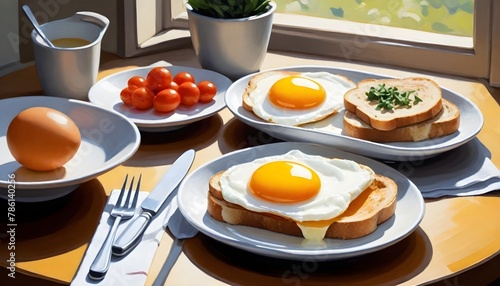 Healthy breakfast with fried and boiled eggs  crispy toasts and fresh cherry tomato