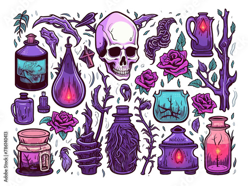 Set of magic staves and other items flat design illustration