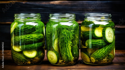 Homemade pickled cucumbers in glass jars on a wooden background