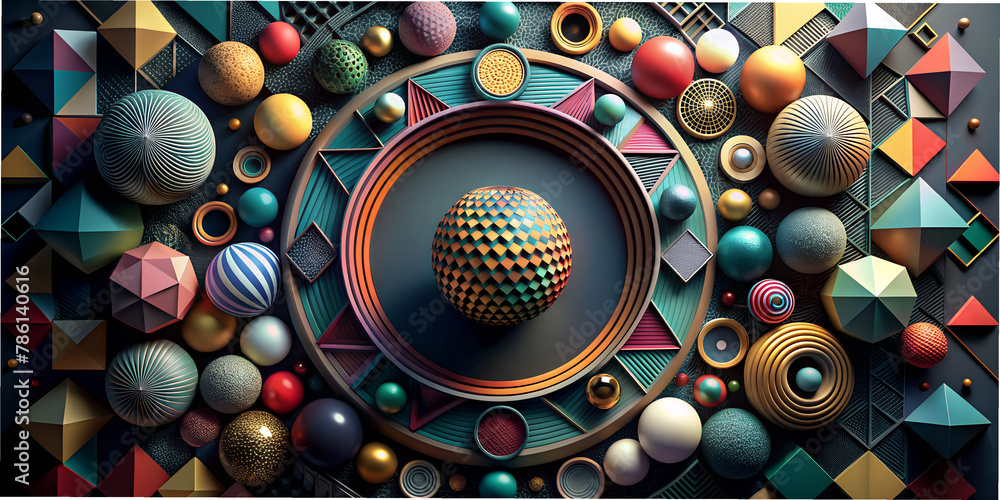 Obraz premium , circle, geometric shapes, in 3D style, colors, shapes, graphics, design, illustration, AI generation, texture, 3D, graphics, design, wallpaper, desktop wallpaper, abstraction, cubes, rectangles, sha