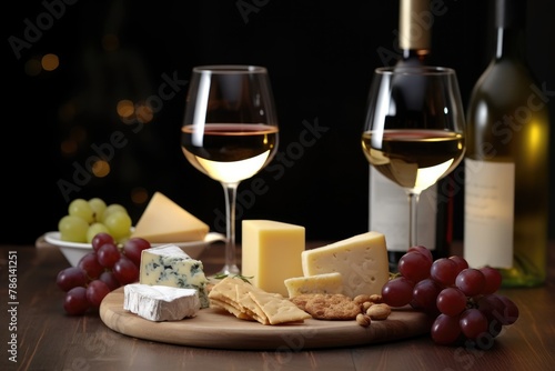 Elegant glasses of white wine served with a curated selection of fine cheeses, grapes, and nuts, ideal for a connoisseur's tasting session. Elegant White Wine and Cheese Selection