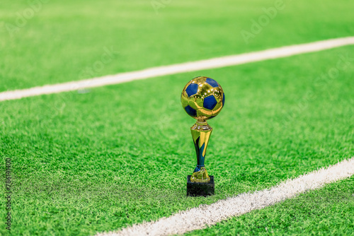 football cup for first place on a green lawn and white markings