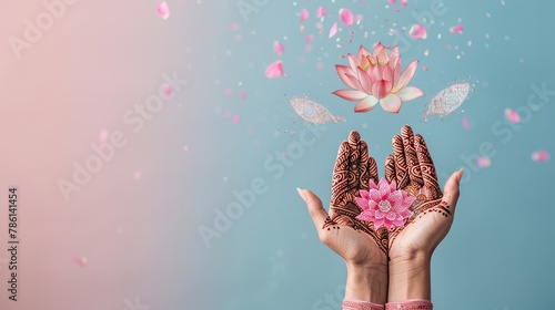 As a symbol of enlightenment, two hands holding mehendi patterns and floating lotuses in the air photo