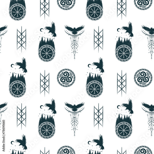 Scandinavian signs vegvisir, triskele and raven seamless pattern. Hand drawn Viking symbols. Vector illustration for backgrounds, textile and wrapping
