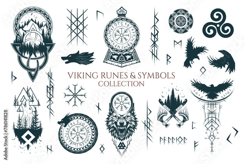 Viking runes and symbols collection. Hand drawn isolated set of pagan norse sign vegvisir, fenrir, yggdrasil, valknut, triquetra, triskele, Thor’s  hammer  and ravens. Scandinavian illustration for ta photo
