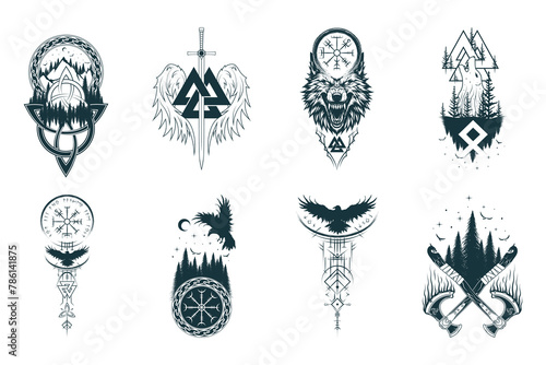 iking symbols collection. Isolated set of eight pagan norse sign vegvisir, triquetra, valknut, fenrir, viking axe, ravens and wings. Scandinavian vector illustration for tattoo, print, t-shirt design 