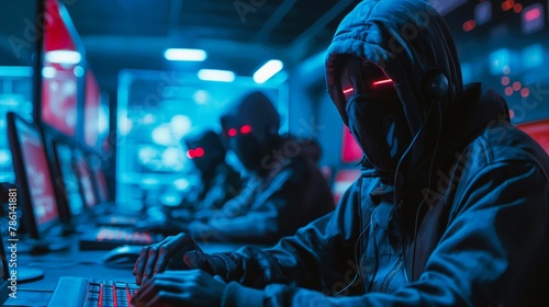 They men wearing masks and hoodies are sitting in front of computer monitors. They're typing on keyboards and seem to be working ,Digital bank robbery team,cyber criminals. generative ai illustration. photo