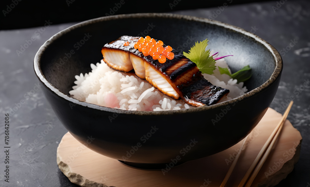 A glazed grilled eel with grill marks over white rice, garnished with pink pickled ginger, green shiso leaf, and orange fish roe, served in a black bowl A glazed grilled eel with grill marks over white rice, garnished with pink pickled ginger, green shiso leaf, and orange fish roe, served in a black bowl