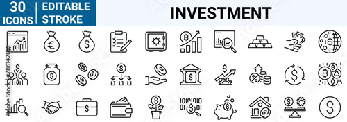 Investment web icons in line style. Return. Capital, sales, dividend, roi, profit, collection. Vector illustration. Editable stroke.