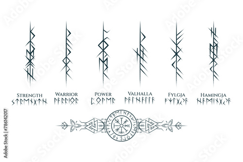 Viking runes and symbols collection. Hand drawn isolated set of pagan norse sign vegvisir, valknut, triquetra, runic circle. Gothic vector illustration for tattoo, print and web design