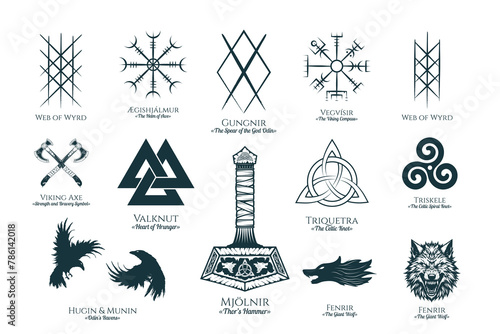 Viking symbols isolated set. Hand drawn collection of scandinavian pagan norse sign vegvisir, fenrir, Thor's Hammer, etc. Magic warrior vector illustration for t-shirt design, tattoo, print, cards