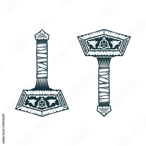 Thor’s hammer with Viking symbols fenrir and triquetra. Two design elements isolated on white background. Scandinavian vector illustration for print and tattoo