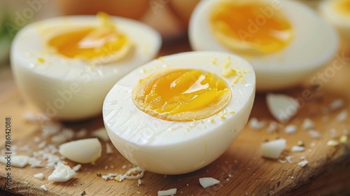 Here is a close-up of a boiled egg with its components shown. photo