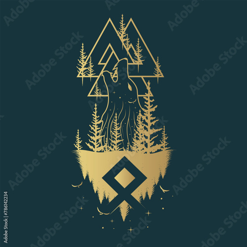 Golden silhouettes  of Viking symbols and runes on a black background. Scandinavian celestial  vector illustration of the Wolf, valknut and trees for print, web and t-shirt design