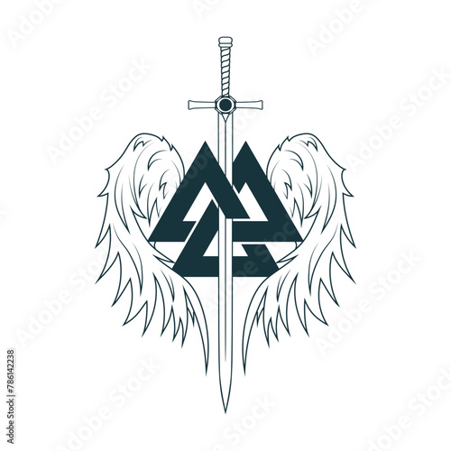 Celtic sword with wings and valknut. Image with Valkyrie  symbols. Scandinavian vector illustration for print, tattoo, stickers and web design
