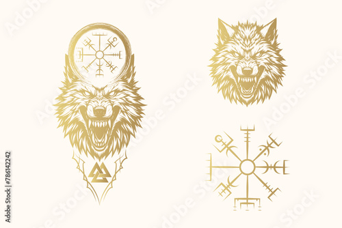 Golden Viking symbols illustration isolated on white background. Scandinavian vector image of the Wolf head, valknut and vegvisir for print, web and t-shirt design