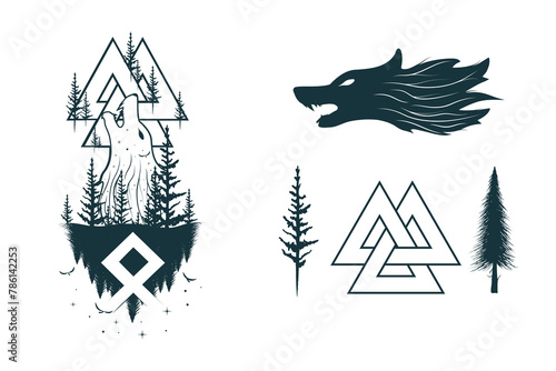 Viking symbols and runes isolated set. Scandinavian  vector illustration of the Wolf, valknut and trees for print, tattoo, web and t-shirt design