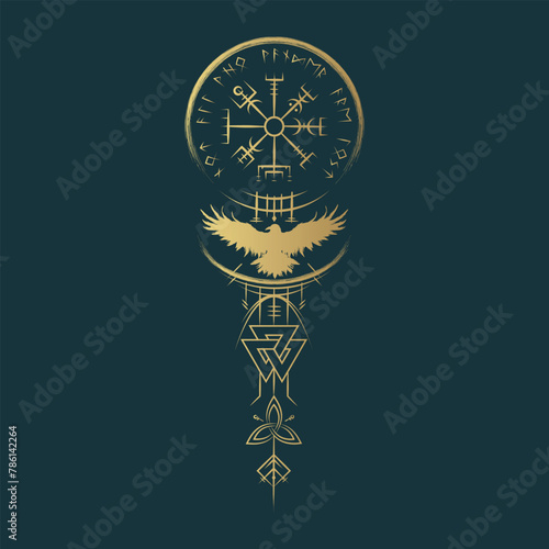 Golden Viking symbols: vegvisir, triquetra, valknut, raven and runes on black background. Vector illustration, pagan norse design.