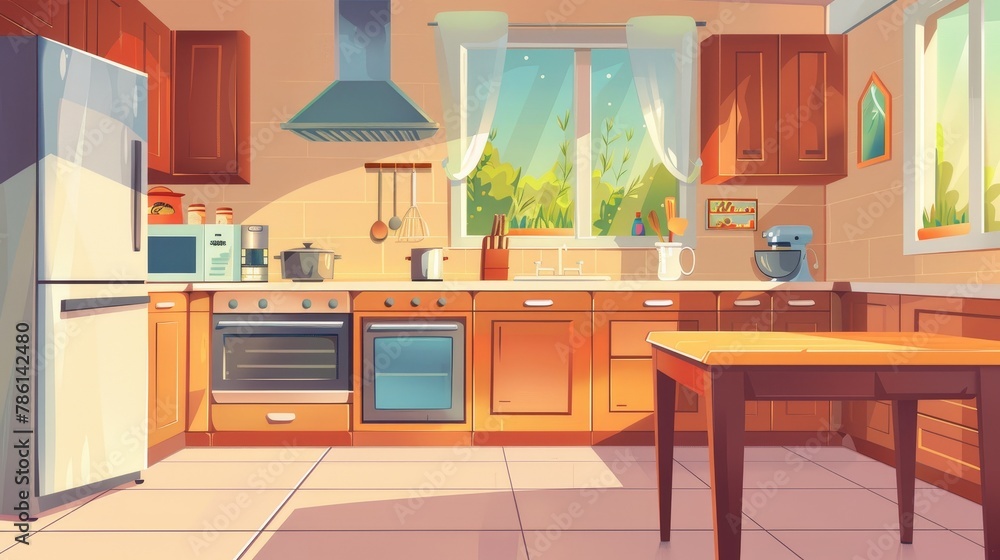 Kitchen with appliances for cooking, furniture, and a serving table near a large window, an oven, range hood, refrigerator, and utensils. Cozy, clean dining room. Cartoon modern illustration.