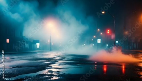 Wet asphalt, reflection of neon lights, a searchlight, smoke. Abstract light in a dark empty street with smoke, smog. Dark background scene of empty street, night view, night city. © Yauhen