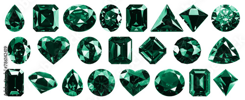 Illustration set of emerald jade celadon precious stones of different cuts. Popular low poly green gems cut set gradation. Circle, triangle, drop, heart, rhombus, square, oval. Decorative luxury real photo