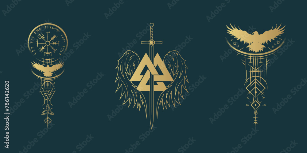 Fototapeta premium Golden Viking symbols: vegvisir, valknut, raven, sword and runes on black background. Three vector illustrations, pagan norse design