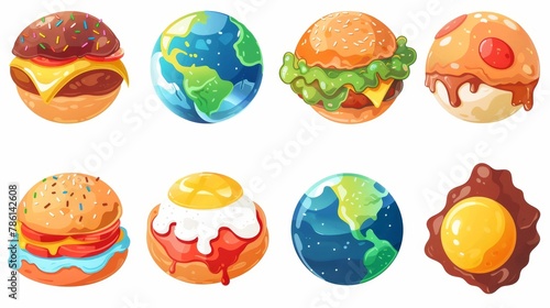 Cartoon funny spheres with donut, pizza, chocolate candy, burger, and fried egg textures. Comic set of fantasy tasty galaxy world.