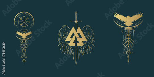 Golden Viking symbols: vegvisir, valknut, raven, sword and runes on black background. Three vector illustrations, pagan norse design
