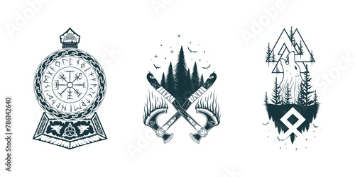 Scandinavian vector isolated illustrations with Viking symbols and runes. Hand drawn set of pagan norse sign Thor's hammer, vegvisir, crossed axes, valknut & fenrir for tattoo, print & t-shirt design