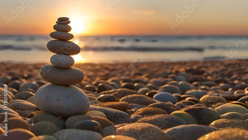 Stack of pebble stones on a beach under sunset sky  balance and harmony image concept
