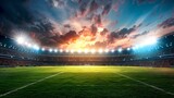 Sunset at an Empty Football Stadium, Lush Green Field Ready for the Game, Sports Event Background Setting, Vibrant Skies Over Seating. AI