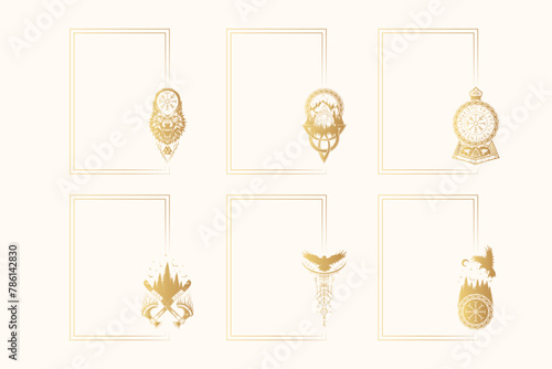 Viking symbols and runes golden collection. Six rectangular frames with celtic sign Thor's hammer, crossed axes, vegvisir, triquetra,  fenrir and ravens. Vector isolated borders for greeting cards