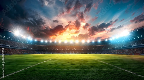 Sunset at an Empty Football Stadium, Lush Green Field Ready for the Game, Sports Event Background Setting, Vibrant Skies Over Seating. AI