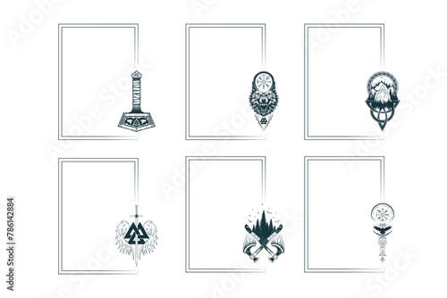 Viking symbols and runes  collection. Six rectangular frames with celtic sign Thor's hammer, crossed axes, vegvisir, triquetra,  fenrir and valknut. Vector isolated borders for greeting cards
