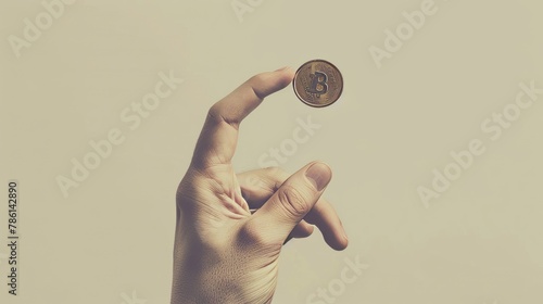 Symbolic man tossing up a coin on a toned background. photo