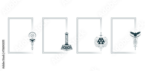 Isolated set of four rectangular frames with pagan Viking symbols vegvisir, Thor' hammer, valknut and raven. Vector illustration for cards, invitations and covers