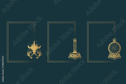 Golden isolated set of three rectangular frames with pagan Viking symbols on black background. Pagan norse Thor's hammer, vegvisir and crossed axes. Scandinavian vector illustration for cards, invitat