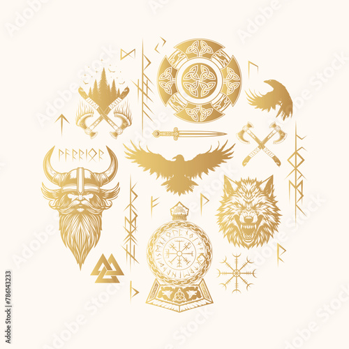 Golden Viking runes, symbols. Hand drawn isolated set of pagan norse sign vegvisir, fenrir, valknut, viking head in helmet, shields and crossed axes, Thor’s  hammer, ravens. Scandinavian illustration