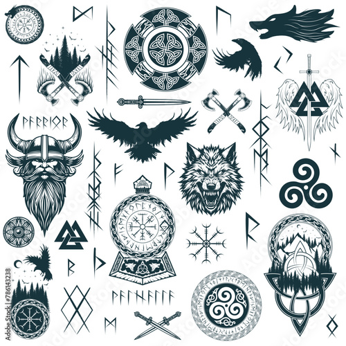 Viking runes and symbols collection. Big hand drawn isolated set of pagan norse sign vegvisir, fenrir, triskele, viking head in a helmet, shields and swords, Thor’s  hammer, ravens. Scandinavian